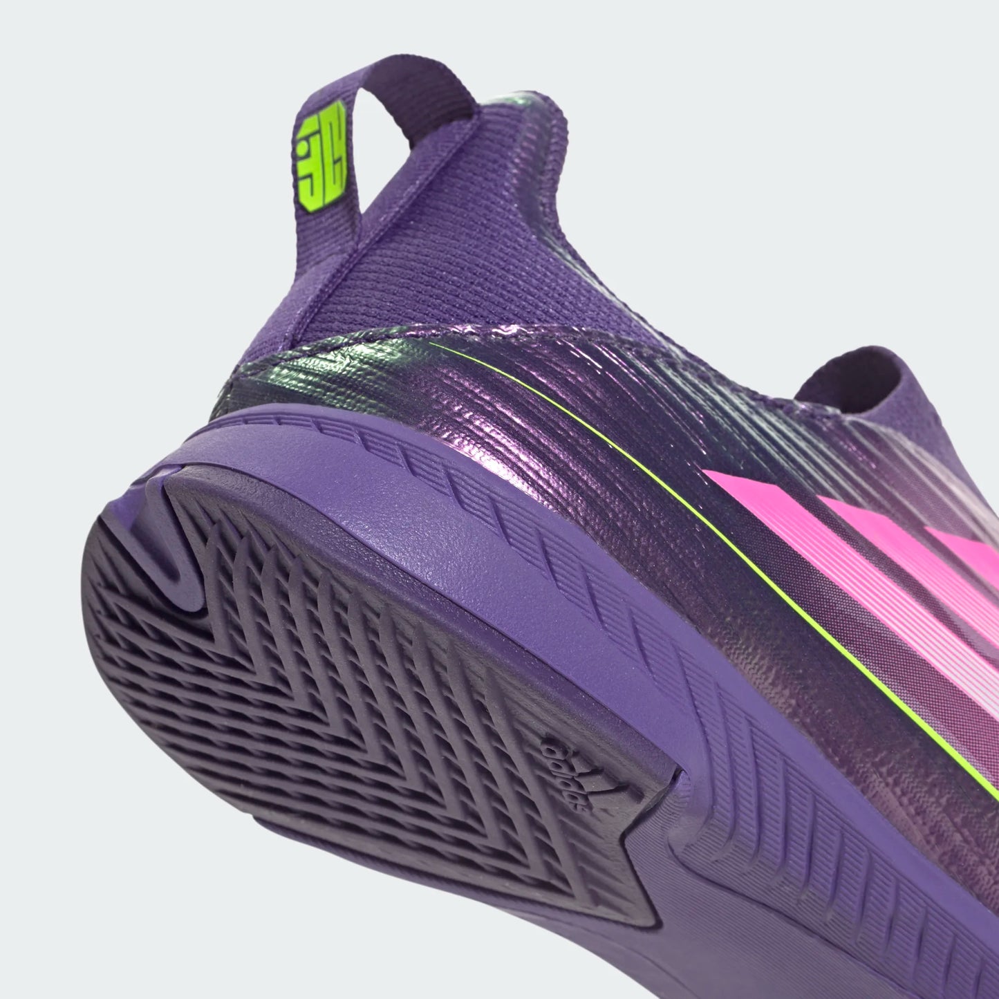 Adidas Junior Lamine Yamal F50 LL Laceless Leagie IN Indoor Soccer Shoe - University Purple/Cloud White/Lucid Lemon