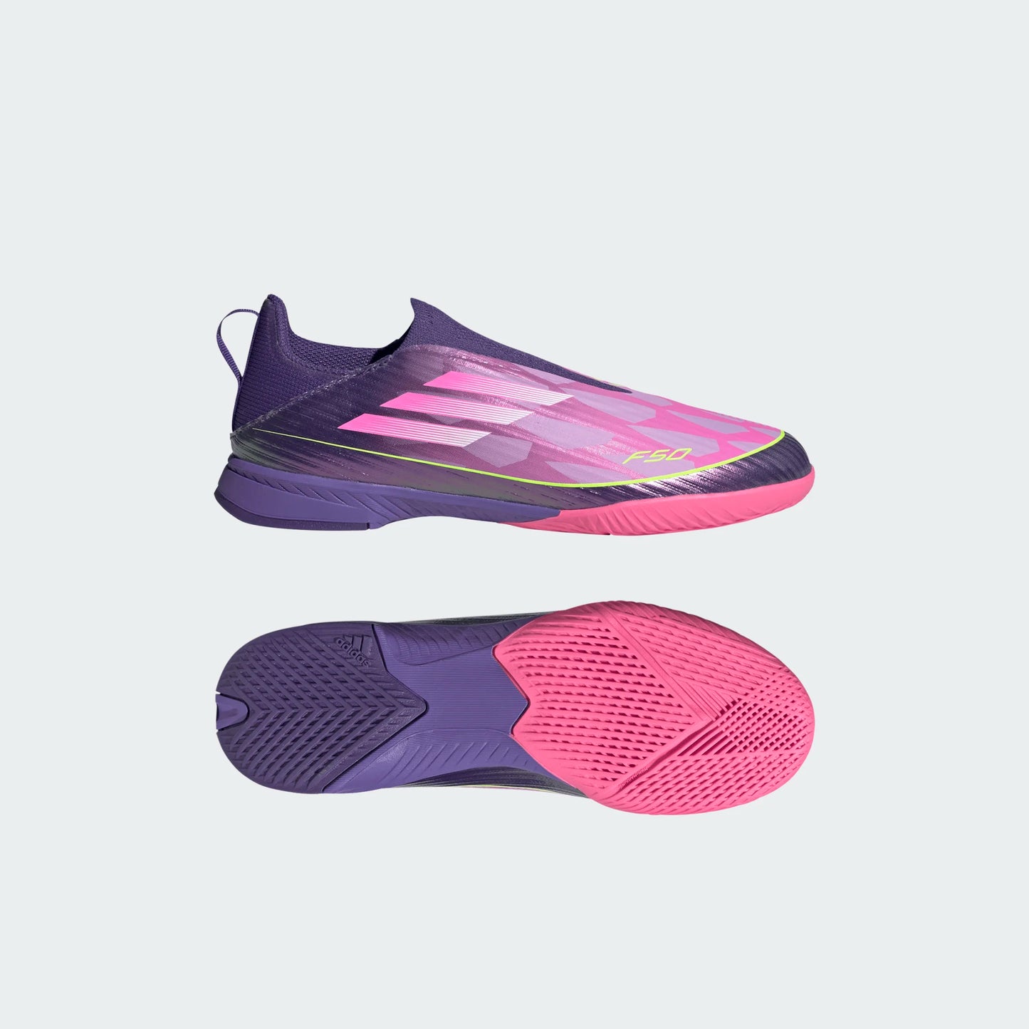 Adidas Junior Lamine Yamal F50 LL Laceless Leagie IN Indoor Soccer Shoe - University Purple/Cloud White/Lucid Lemon