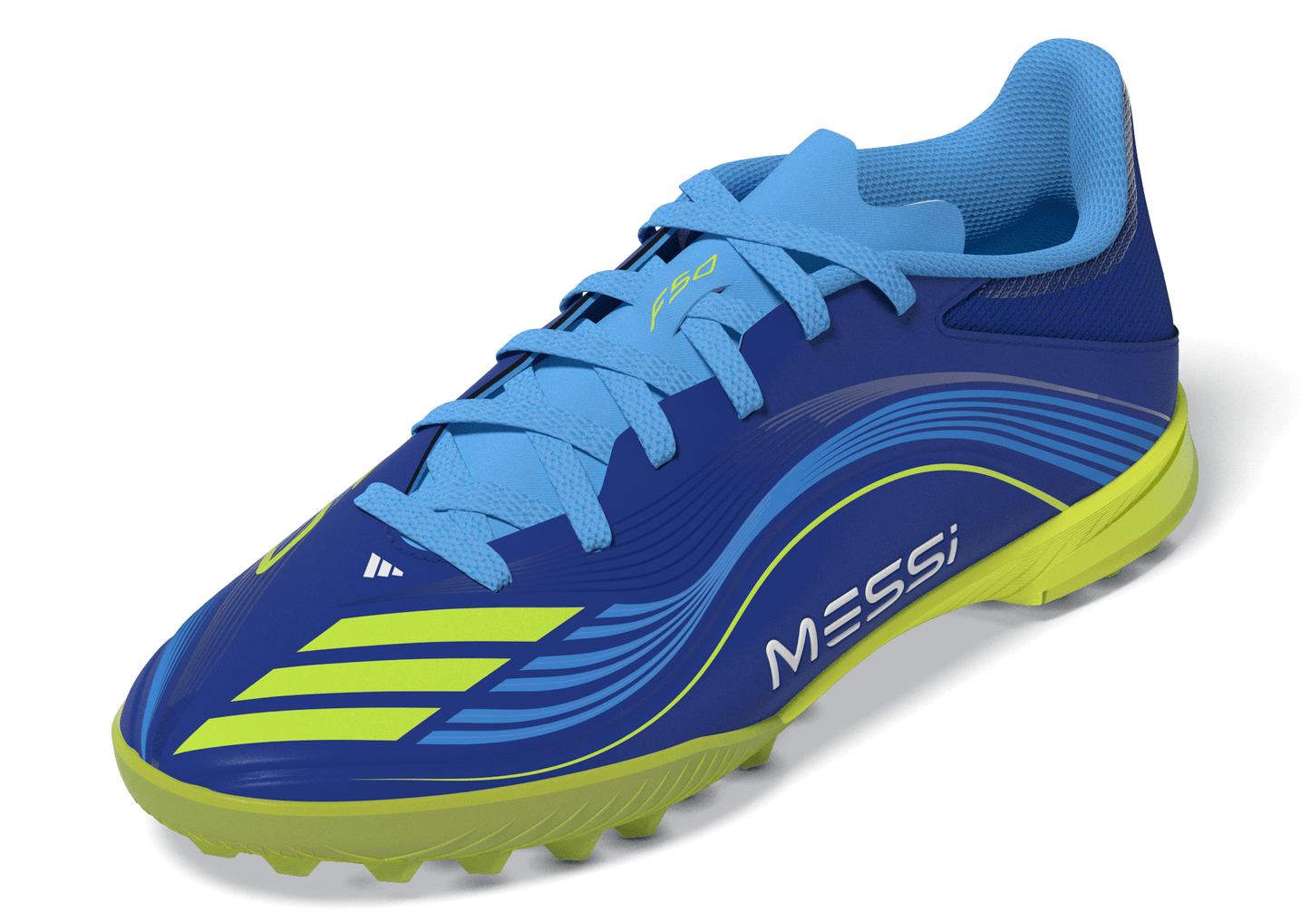 adidas Messi F50 League Junior TF Turf Soccer Cleats- Team Royal Blue/Solar Yellow/Semi Blue Burst
