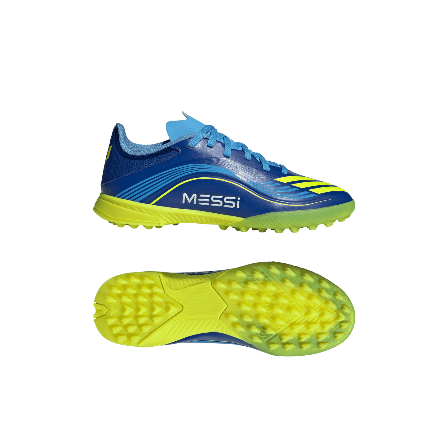 adidas Messi F50 League Junior TF Turf Soccer Cleats- Team Royal Blue/Solar Yellow/Semi Blue Burst
