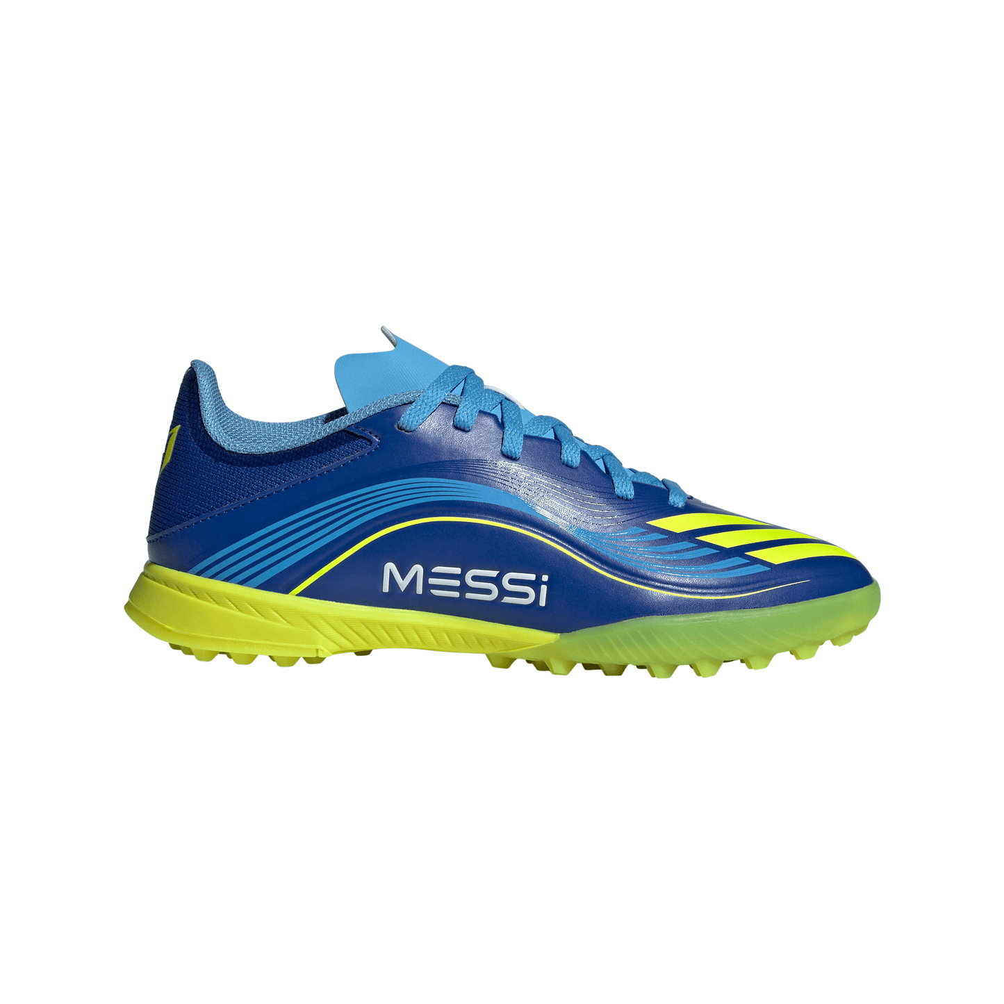 adidas Messi F50 League Junior TF Turf Soccer Cleats- Team Royal Blue/Solar Yellow/Semi Blue Burst