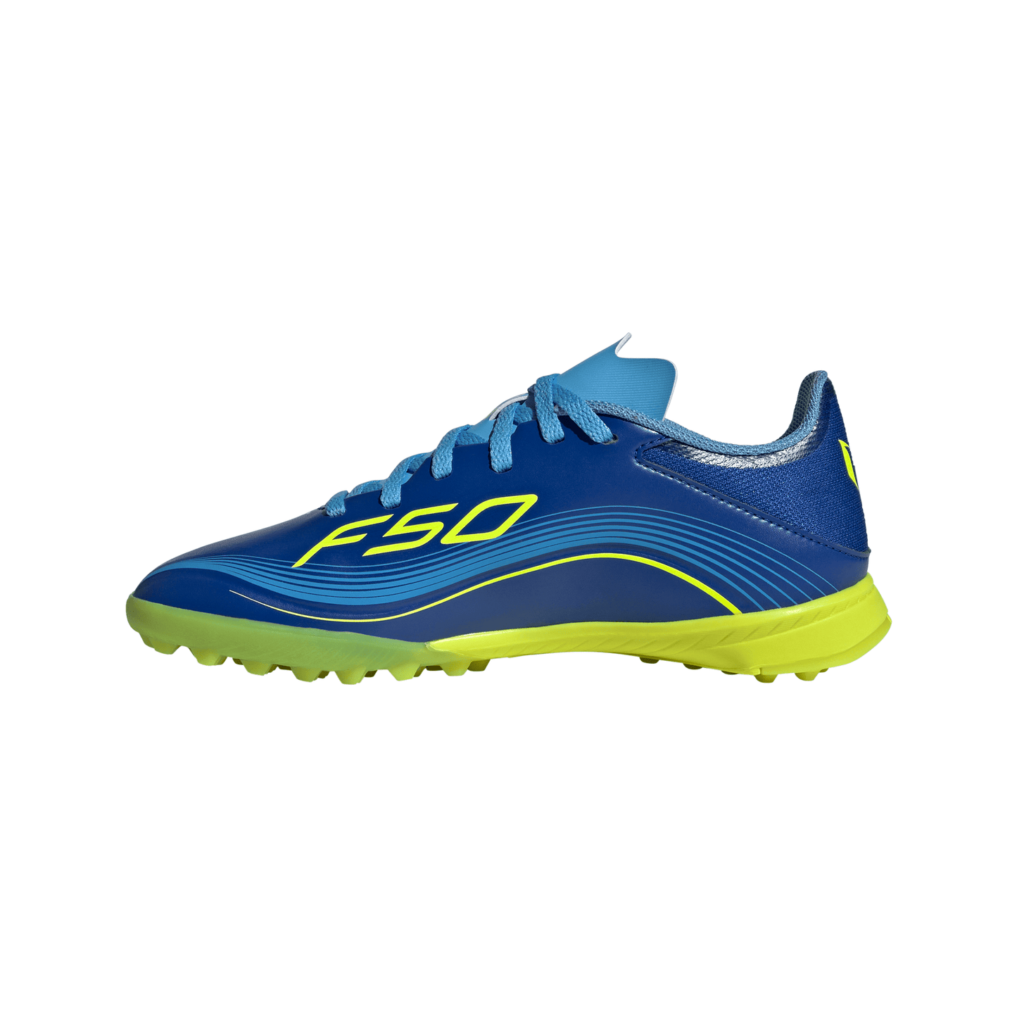 adidas Messi F50 League Junior TF Turf Soccer Cleats- Team Royal Blue/Solar Yellow/Semi Blue Burst