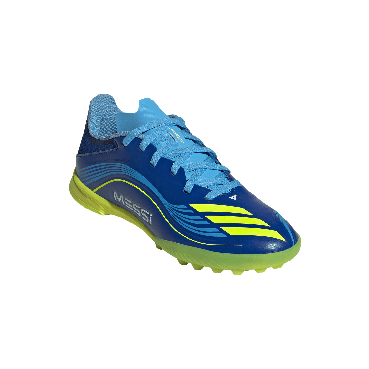 adidas Messi F50 League Junior TF Turf Soccer Cleats- Team Royal Blue/Solar Yellow/Semi Blue Burst