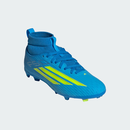 Adidas Junior F50 Mid League FG Firm Ground Soccer Cleat - Lucid Ray Blue/Team Solar Yellow 2/Lucid Aquamarine