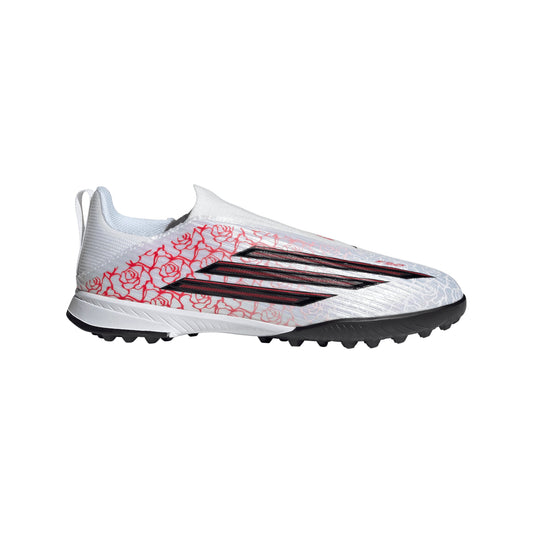 Adidas Junior F50 League Laceless Lamine Yamal TF Turf Soccer Cleat - Cloud White/Core Black/Lucid Red