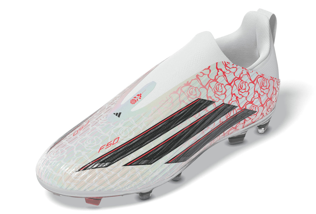 Adidas Junior F50 League Laceless Lamine Yamal FG Firm Ground Soccer Cleat - Cloud White/Core Black/Lucid Red