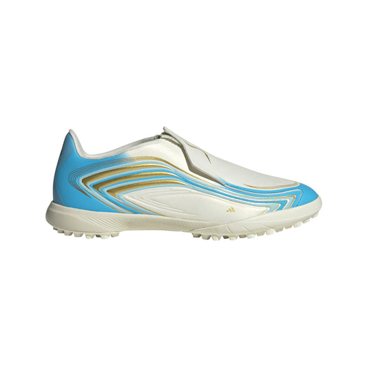 adidas Messi F50 League Junior TF Turf Soccer Cleats - Ivory/Semi Blue Burst/Icey Blue
