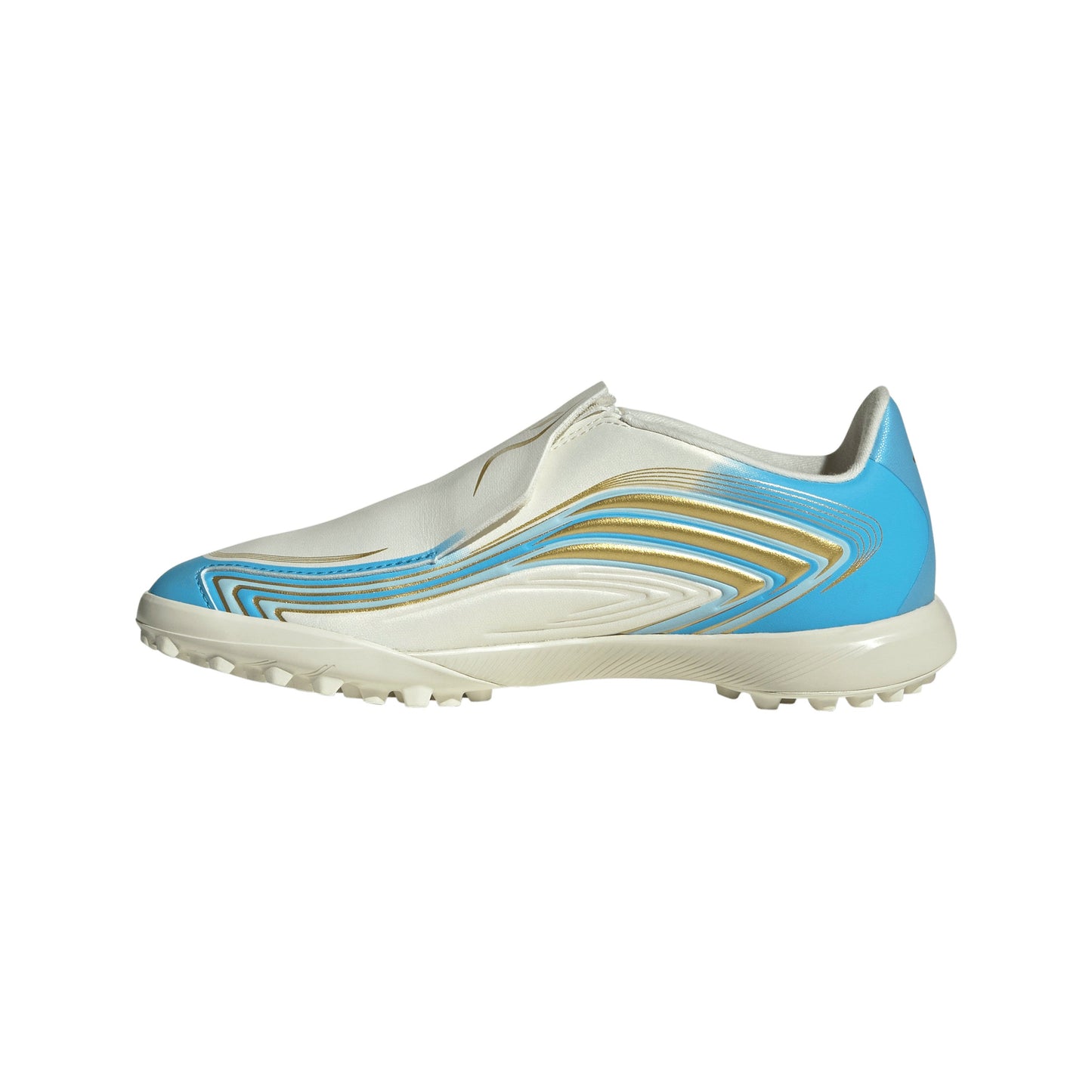 adidas Messi F50 League Junior TF Turf Soccer Cleats - Ivory/Semi Blue Burst/Icey Blue