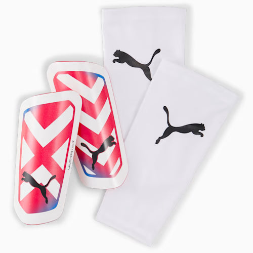 Puma ULTRA Light Sleeve Football Shin Guards- White/Blue/Red