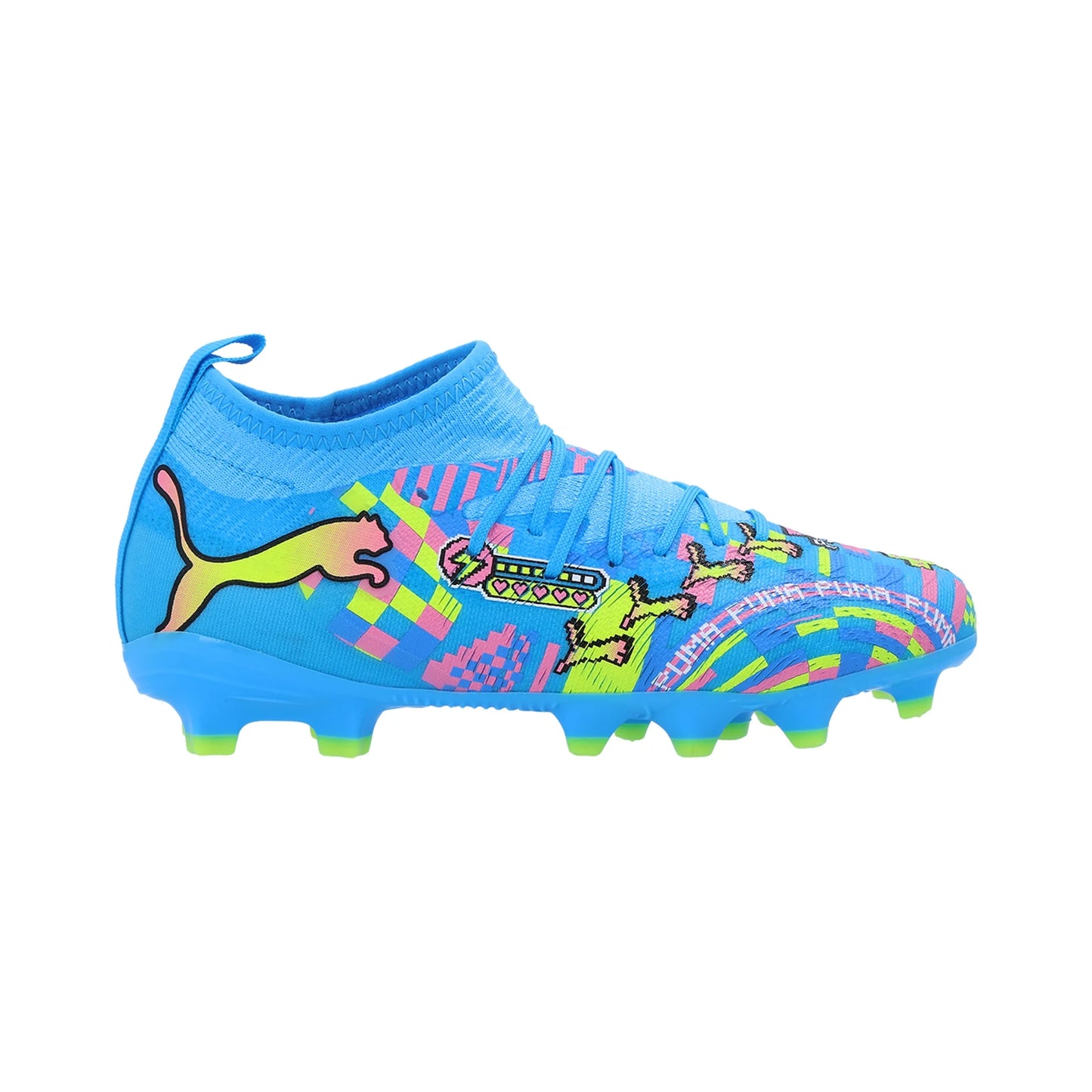 Puma Junior Future 9 Match FG/AG Firm Ground Soccer Cleat - White/Blue Glimmer/Pink Glimmer/Yellow Alert