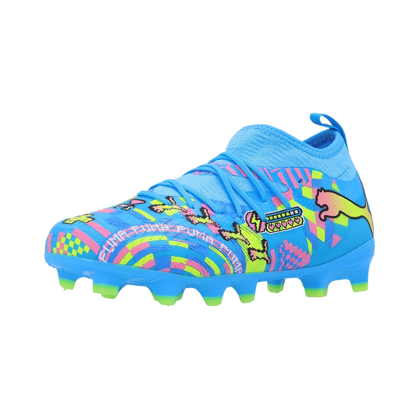 Puma Junior Future 9 Match FG/AG Firm Ground Soccer Cleat - White/Blue Glimmer/Pink Glimmer/Yellow Alert