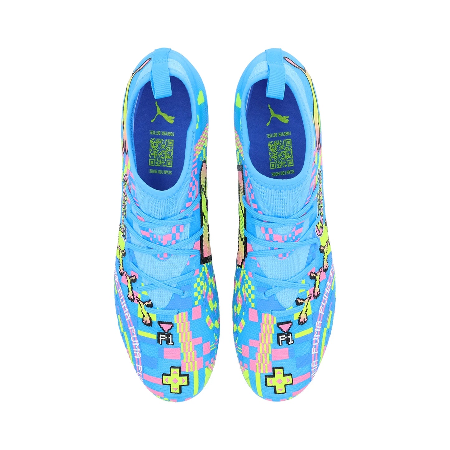 Puma Junior Future 9 Match FG/AG Firm Ground Soccer Cleat - White/Blue Glimmer/Pink Glimmer/Yellow Alert